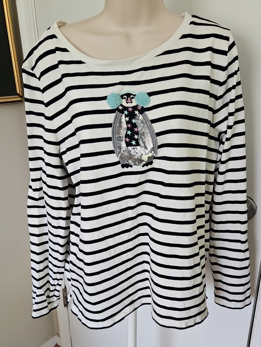 Talbots Holiday Penguin Stripe Crewneck Size XL